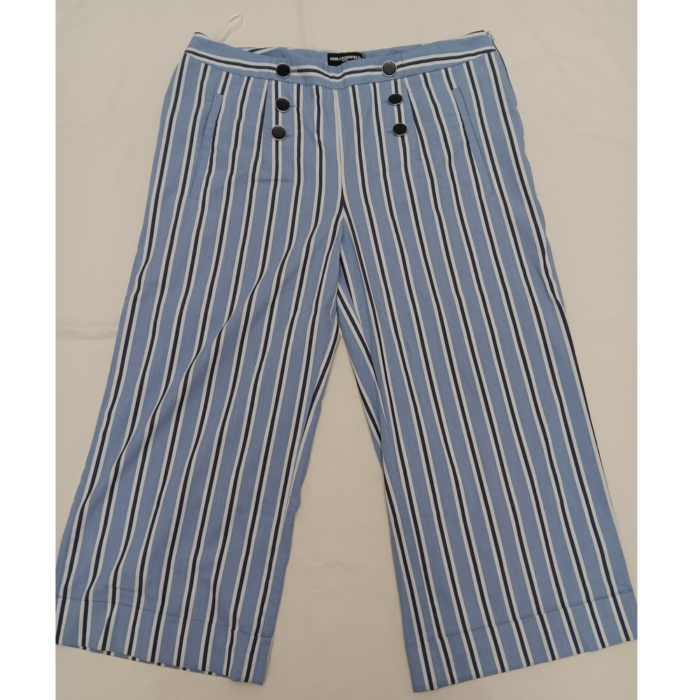 Karl Lagerfeld Paris Striped Cropped Sailor Pants Women Size 16 Blue White Black